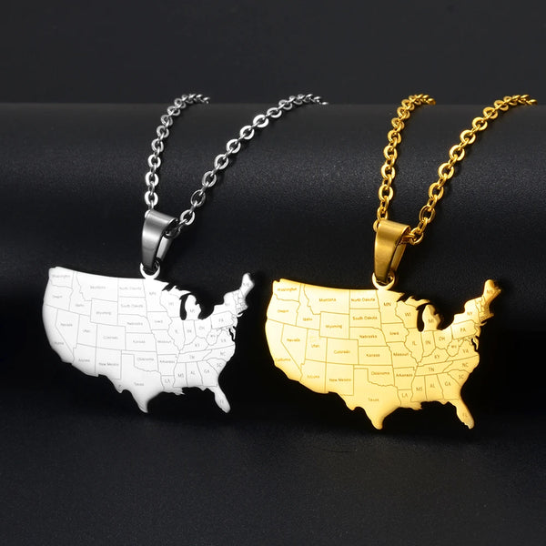 Anniyo American Map With State Name Pendant Necklaces for Women Men United States Map Jewelry USA #323901