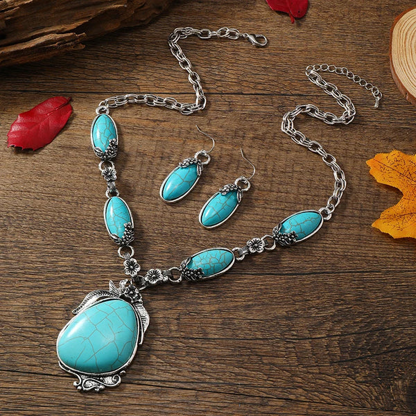 A necklace+a pair of earrings women's jewelry set, creative, fashionable, simple, retro turquoise women's set, suitable for dail