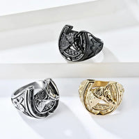 Vintage Horse Head and Horseshoe Rings 20MM Width Stainless Steel Finger for Men Punk Jewelry