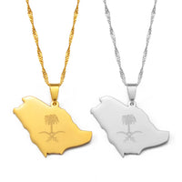 Anniyo Saudi Arabia Map and Emblem Symbol Crossed Sword Pendant Necklace Saudi Jewelry #213521