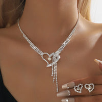 3PC women's fashionable rhinestone peach heart necklace earrings jewelry set, suitable for weddings, parties, and holiday gifts