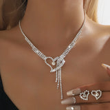 3PC women's fashionable rhinestone peach heart necklace earrings jewelry set, suitable for weddings, parties, and holiday gifts