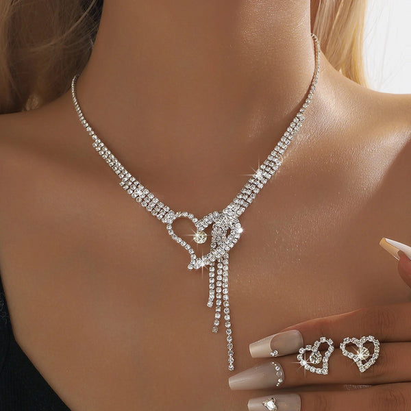 3PC women's fashionable rhinestone peach heart necklace earrings jewelry set, suitable for weddings, parties, and holiday gifts