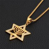 Hip Hop Iced Out Star of David Pendnat Male Gold Color Stainless Steel Candlestick Necklace For Men Jewish Party Jewelry Gift