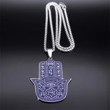 Chai Hebrew Letter Fatima Hamsa Hand Necklace Men/Women Stainless Steel Blue Color Jewish Lucky Necklacse Jewelry colar N7781S01