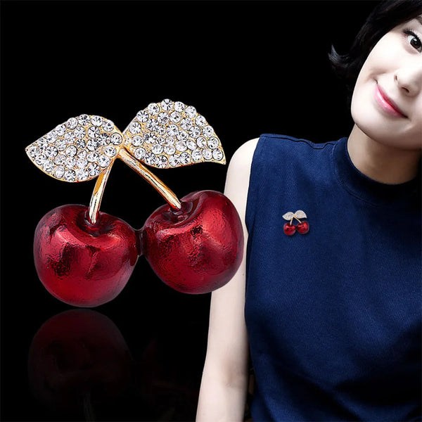 Cute Red Cherry Brooch Enamel Pins for Women Girls Rhinestone Zircon Fruit Badges Suit Bags Jewelry Kids Brooches Gifts