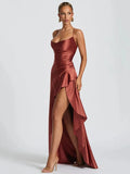 Articat Elegant Spaghetti Strap Satin Split Maxi Dress Women Sexy Backless Bodycon Party Evening Dress Summer Holiday Beachwear