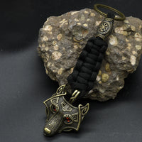 Nordic Mythology Wolf Head Keychain Men's Retro Handmade Survival Rope Lanyard Pendant Keyring Vikings Runes Vegvisir Jewelry