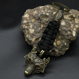 Nordic Mythology Wolf Head Keychain Men's Retro Handmade Survival Rope Lanyard Pendant Keyring Vikings Runes Vegvisir Jewelry