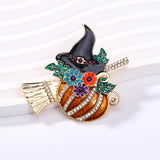 Personality Rhinestone Pumpkin Witch Brooches for Women Creative Enamel Hat Flower Broom Pins Halloween Jewelry Accessories