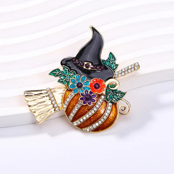 Personality Rhinestone Pumpkin Witch Brooches for Women Creative Enamel Hat Flower Broom Pins Halloween Jewelry Accessories