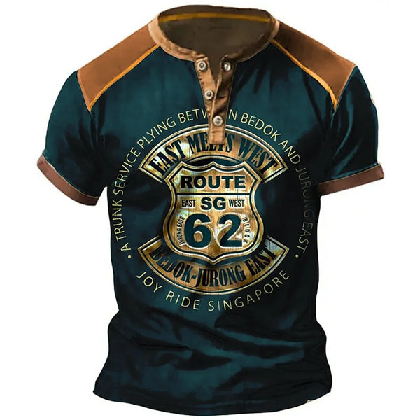 Fashion Men's Henley Shirts Funny 3D Highway 66 Print Tees Casual Button Short Sleeve Tops Summer Oversized Vintage Men Clothes