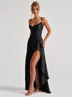 VC Elegant Black Satin Maxi Dress with Crisscross Spaghetti Straps and High Slit Ruffled Hem for High - Profile Occasions