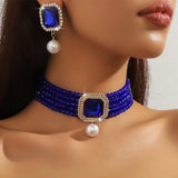 FYUAN Multilayer Green Red Blue Black Crystal Necklace Geometric Square Pearl Earrings For Women Weddings Banquet Jewelry Sets
