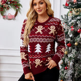 New Winter 2025 Christmas Women's Sweater Jacquard Print Full Sleeve O Neck Casual Soft Knitwear Merry Xmas Female Pullover Top