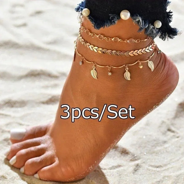 Girls Anklet Set 3Pcs Multi-layer Ankle Bracelet Foot Chain Beach Jewelry Gift for Women