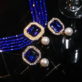 FYUAN Multilayer Green Red Blue Black Crystal Necklace Geometric Square Pearl Earrings For Women Weddings Banquet Jewelry Sets