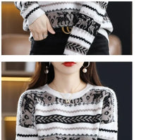 Autumn Winter Women Simple Elk Deer Jacquard Christmas Knitted Sweater Y2K Casual O Neck Long Sleeve Pullover Tops Loose Jumpers