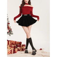 Christmas Theme Splice Design Show Shoulder Knitted Top Winter Hot Sale Of The Season One Shoulder Hanging Neck Slim Fit Body He