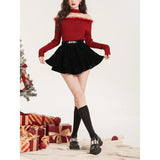 Christmas Theme Splice Design Show Shoulder Knitted Top Winter Hot Sale Of The Season One Shoulder Hanging Neck Slim Fit Body He