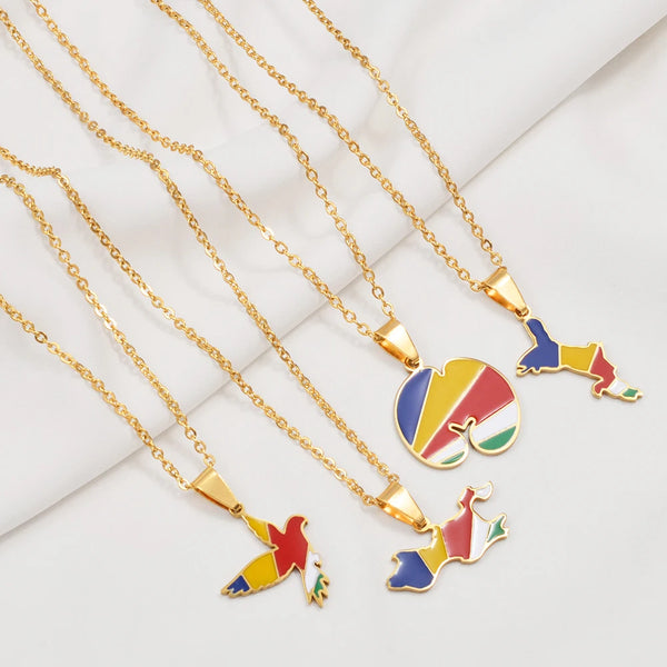 Anniyo Seychelles Mahe and Praslin Island Map Flag Coco De Mer Pendant Necklaces for Women Stainless Steel Jewelry #516462