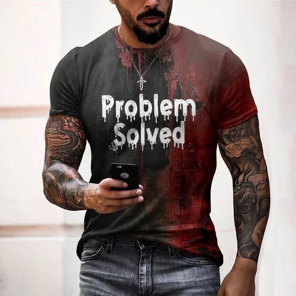 Bloody print men's T-shirt problem solved T-shirt fashion horror Halloween short sleeved top casual round neck oversized T-shirt