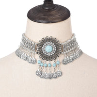 Ethnic Statement Collar Necklace for Women Choker Bohemian Vintage Hollow Geometric Crystal Rhinestone Beads Coin Tassel Jewelry