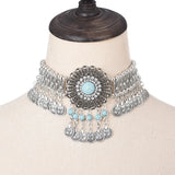 Ethnic Statement Collar Necklace for Women Choker Bohemian Vintage Hollow Geometric Crystal Rhinestone Beads Coin Tassel Jewelry