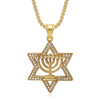 Hip Hop Iced Out Star of David Pendnat Male Gold Color Stainless Steel Candlestick Necklace For Men Jewish Party Jewelry Gift