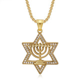 Hip Hop Iced Out Star of David Pendnat Male Gold Color Stainless Steel Candlestick Necklace For Men Jewish Party Jewelry Gift