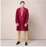 Indian Clothing Embroidery Ethnic Wedding Men's Clothing Red Suit Include Pants Spring Kurta Vintage