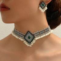 Fashion Vintage Choker Necklace Earrings Set For Women Geometric Crystal Jewelry Sets Simulated Pearl Beads Jewelry Set