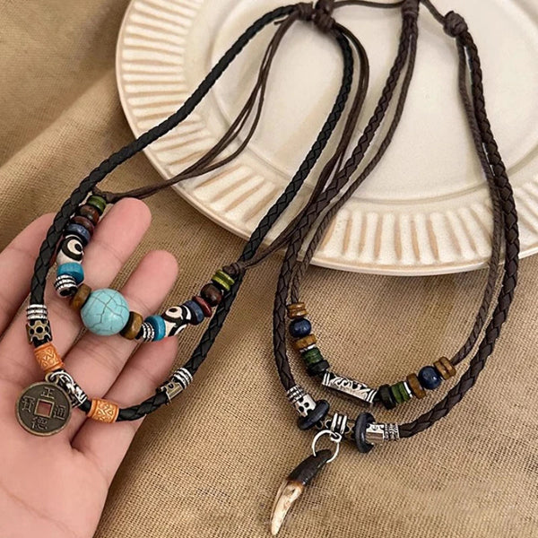 Fashion Men Women's Goth Multi-layer Vintage Wolf Tooth Pendant Leather Beaded Weaved Prayer Necklace Fashion Jewelry Necklaces