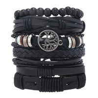 Red 6 Pc/set Tree Black Wrap Woven Handmade Wood Beads Bracelets Male Women Leather Bracelets Men Bangle Wholesale Jewelry Gift