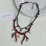 Luxurious Multi-Layer Red Beaded Flower Tassel Necklace Fashionable Choker High-End Clavicle Chain Jewelry Accessory
