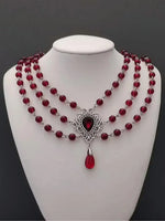 Victorian Gothic Rose Witch Multi-layer Bead Chain Red Glass Crystal Water Drop Pendant Necklace for Women Charm Jewelry Gifts