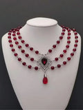 Victorian Gothic Rose Witch Multi-layer Bead Chain Red Glass Crystal Water Drop Pendant Necklace for Women Charm Jewelry Gifts