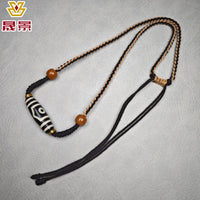 Black And White Patina Nine-Eye Natural Agate Dzi Necklace With Bead Collarbone Chain