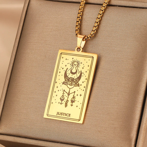 Vintage Moon Rose Flower Tarot Card Necklace Talisman Stainless Steel Libra Justice Necklace for Women Men Sun Amulet Jewelry