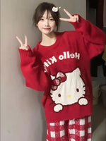 Kawaii Christmas Sanrioed Cartoon Hello Kitty Knitted Sweater Women Knitting Red Knitted Tops Anime New Cute Girls Student Tops
