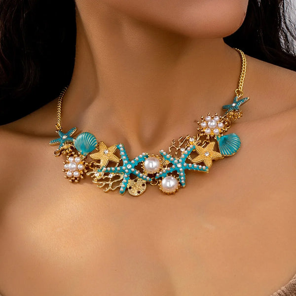 Ocean-style Necklace,Bracelet Decorated with Shells, Starfishs and Imitation Pearls for Women Girls Hot Sale 2025 New Style