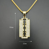Trendy Titanium Steel Gold Plated Rhinestones Blade Pendant Necklace Creative Personality Men's Hip Hop Fashion Jewelry
