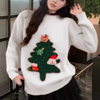 Autumn Winter Women Red Sweet Chic 3D Christmas Tree Knitted Sweater Casual O Neck Long Sleeve Pullover Tops Female Loose Jumper