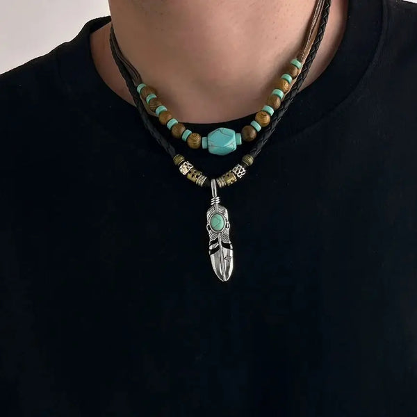 Ingemark Ethnic Adjustable Wooden Beads Wax Thread Chain Necklace for Men Vintage Feather Pendant Choker Male Neck Jewelry Gift