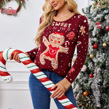2025Casual Christmas Sweater Women Autumn Winter Gingerbread Man Pattern Long Sleeve Pullover Sweater
