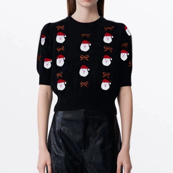 Combhasaki Women's Christmas Cropped Sweaters Half Puff Sleeve Cartoon Santa /CandyCane/Gingerbread Man Print Knitwear Pullovers