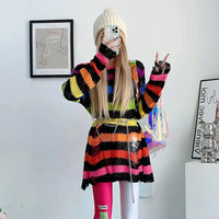 2024 Purple Striped Gothic Sweaters Women Ripped Holes Loose Knitted Pullover Frayed Fairy Grunge Jumpers Emo Streetwear Lolita