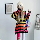 2024 Purple Striped Gothic Sweaters Women Ripped Holes Loose Knitted Pullover Frayed Fairy Grunge Jumpers Emo Streetwear Lolita