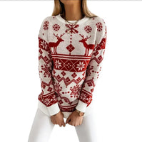 2025 Winter Women's Christmas Sweater Elk Print Knitted Jumpers Full Sleeve O Neck Casual Loose Knitwear Pullover Tops Xmas Look