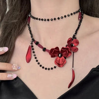 Luxurious Multi-Layer Red Beaded Flower Tassel Necklace Fashionable Choker High-End Clavicle Chain Jewelry Accessory